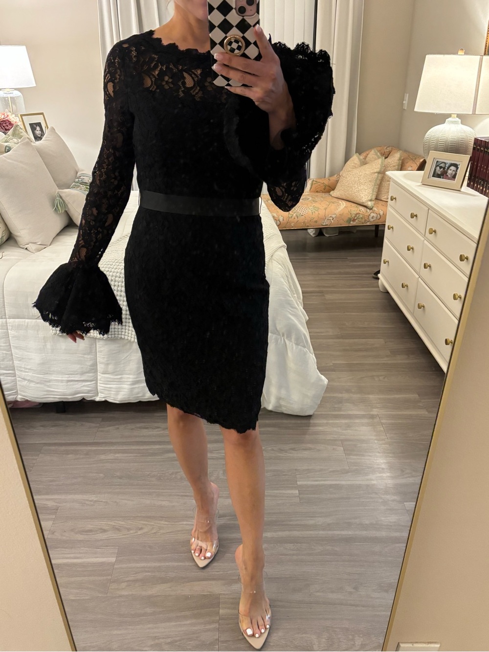 🖤 NWT by Shani Ruffle-Sleeve Lace Sheath Dress in Black Size 4